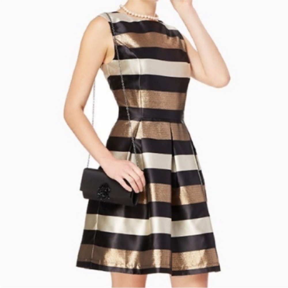 Saks fifth avenue gold black white striped dress a line